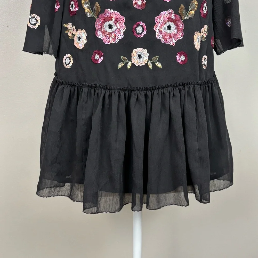 Kate Spade X Madison Avenue Top Womens XXS Black Sequin‎ Floral Blouse